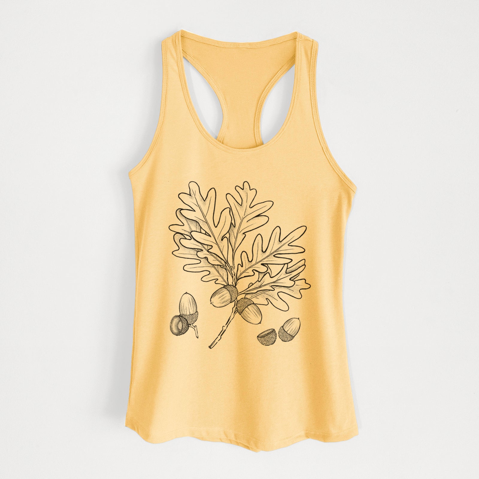 Banana cream women's racerback tank top laid flat, printed with a black ink illustration of a white oak branch with lobed leaves and acorns.