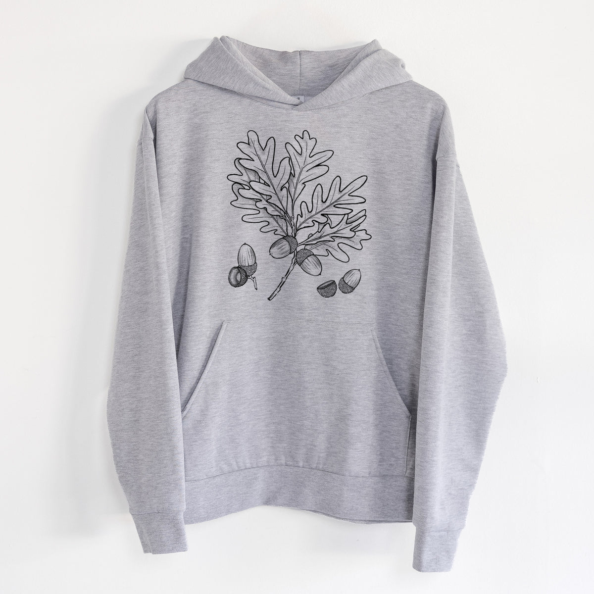 White Oak Branch with Acorns - Quercus alba - Statement Midweight Hoodie in Heather Grey, hanging on a white wall, with a front kangaroo pocket and no drawcords.
