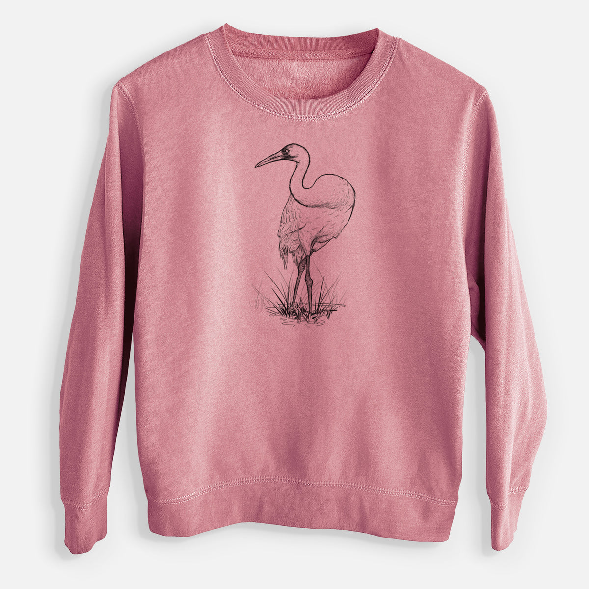 Mauve pink youth crewneck sweatshirt laid flat, printed with a detailed black ink illustration of a whooping crane standing in grass.