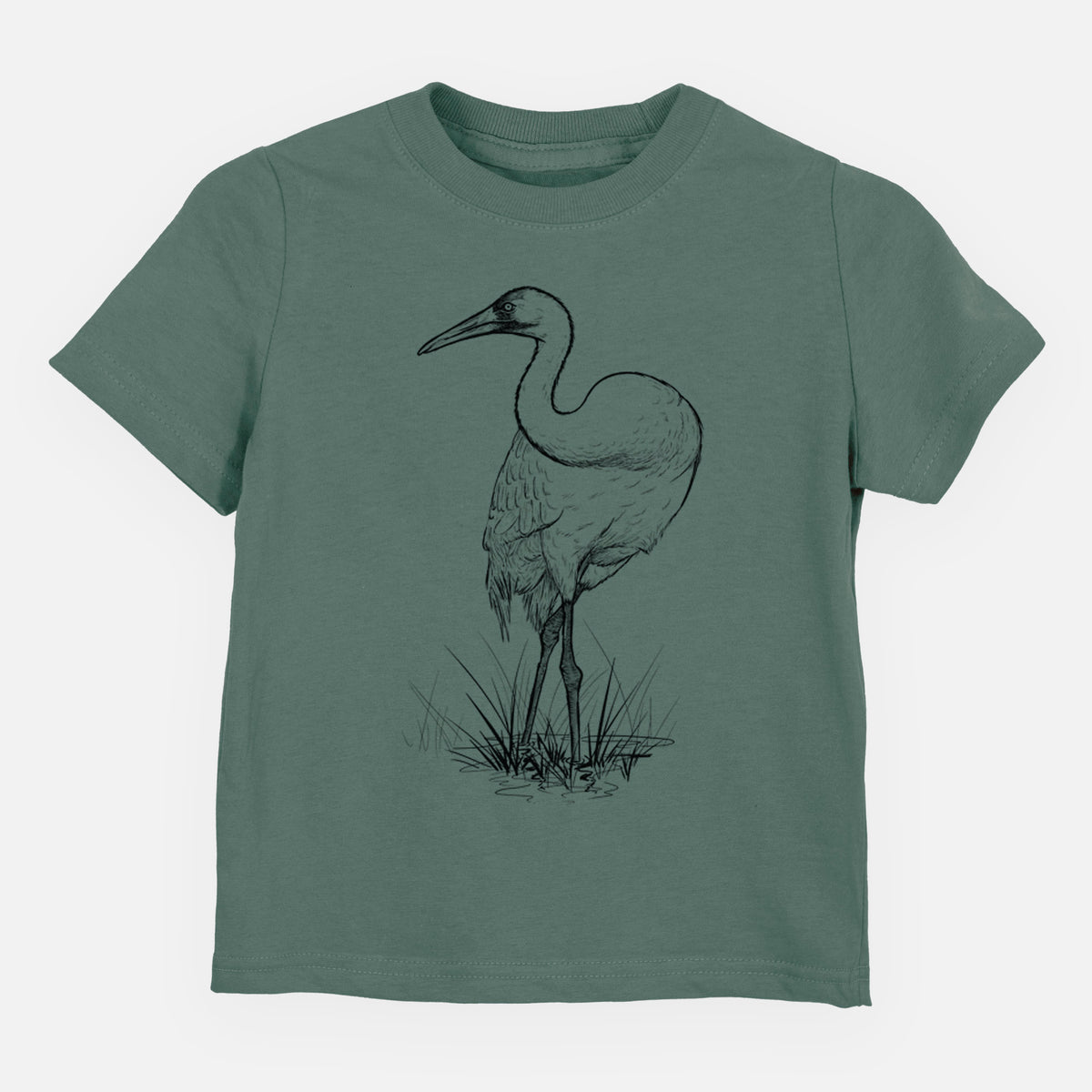 Basil green toddler t-shirt laid flat, printed with a detailed black ink illustration of a whooping crane standing in grass.