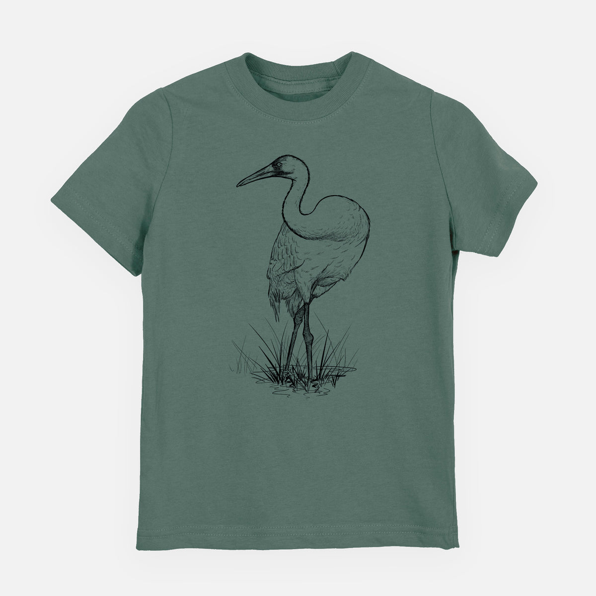 Basil green youth t-shirt laid flat, printed with a detailed black ink illustration of a whooping crane standing in grass.