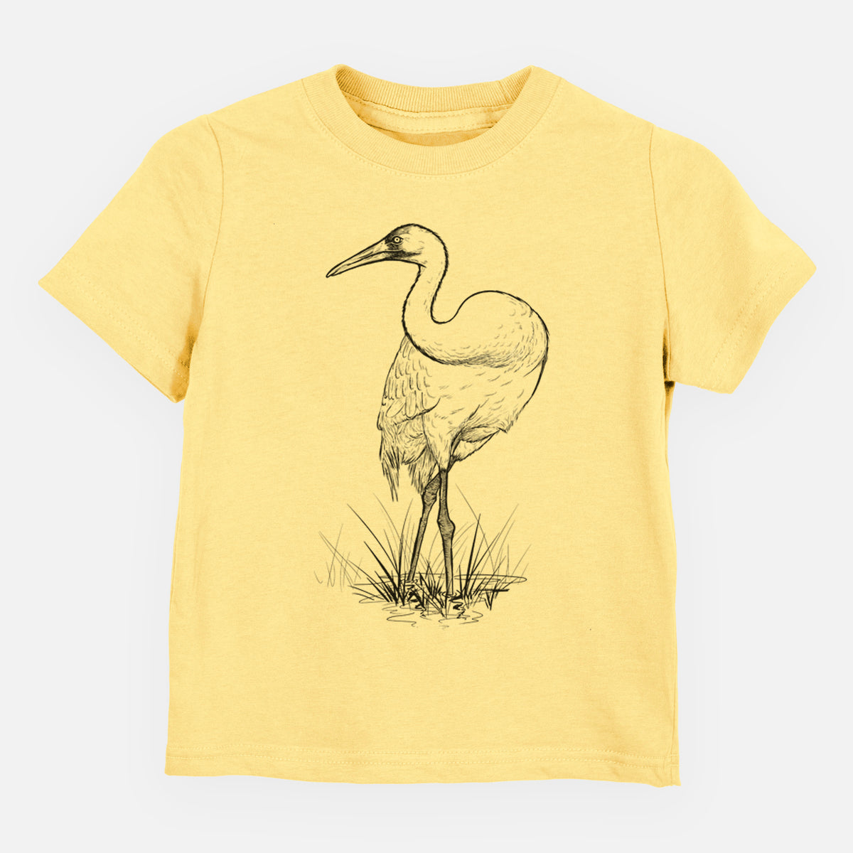Butter yellow toddler t-shirt laid flat, printed with a detailed black ink illustration of a whooping crane standing in grass.