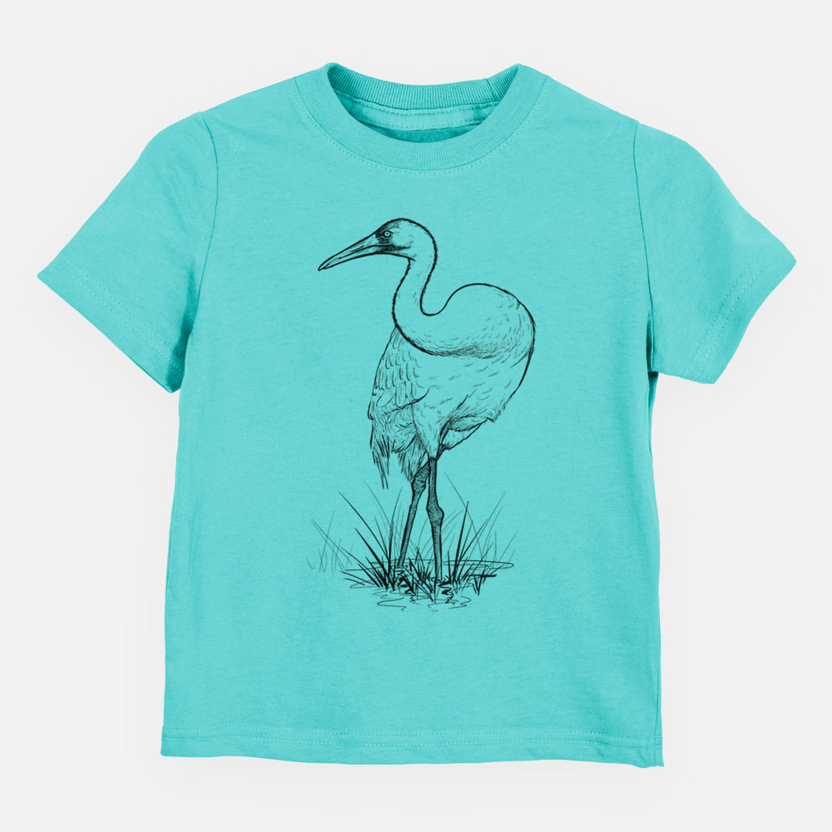 Caribbean blue toddler t-shirt laid flat, printed with a detailed black ink illustration of a whooping crane standing in grass.