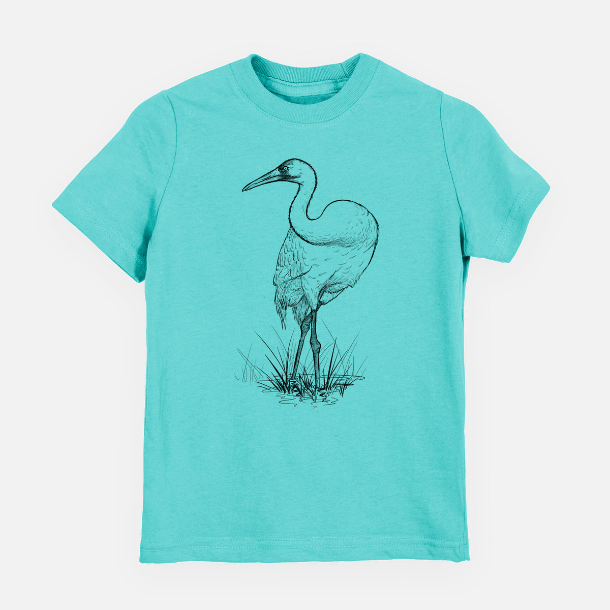 Caribbean blue youth t-shirt laid flat, printed with a detailed black ink illustration of a whooping crane standing in grass.