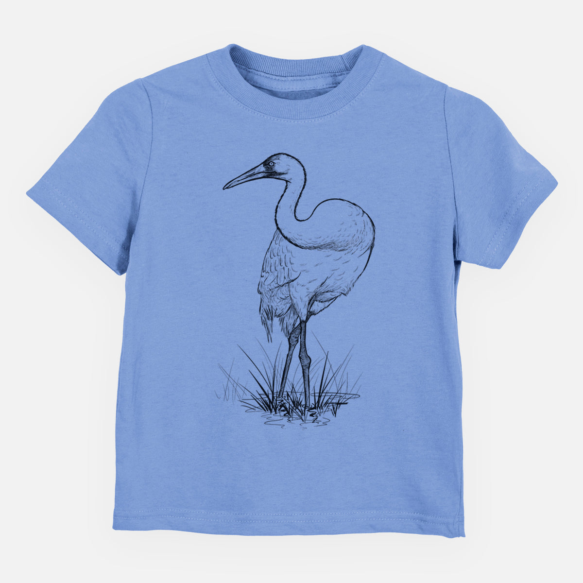 Carolina blue toddler t-shirt laid flat, printed with a detailed black ink illustration of a whooping crane standing in grass.