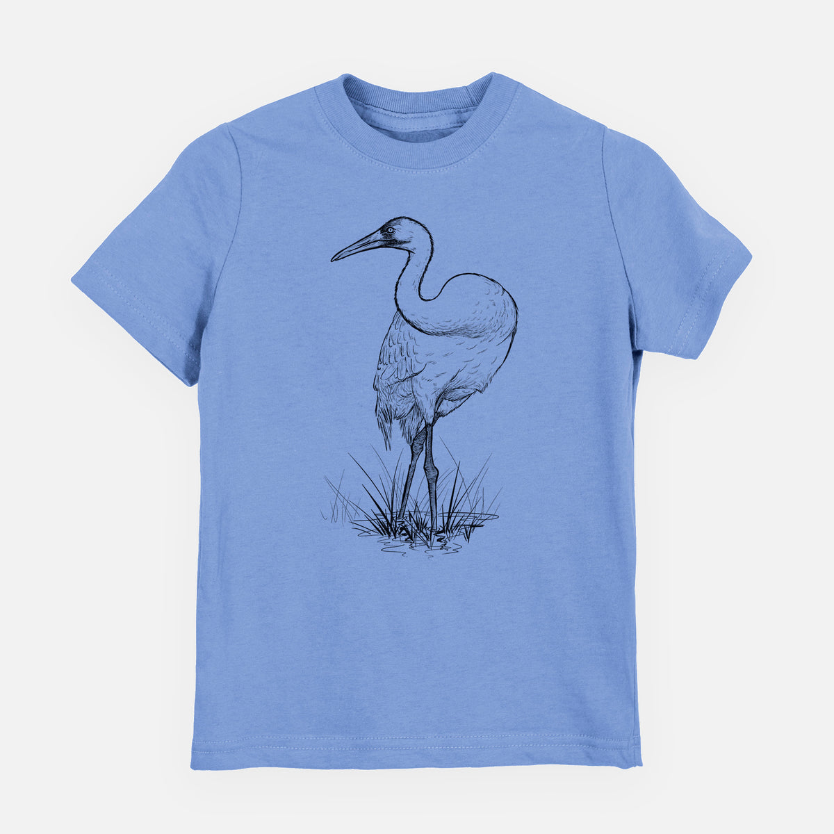 Carolina blue youth t-shirt laid flat, printed with a detailed black ink illustration of a whooping crane standing in grass.