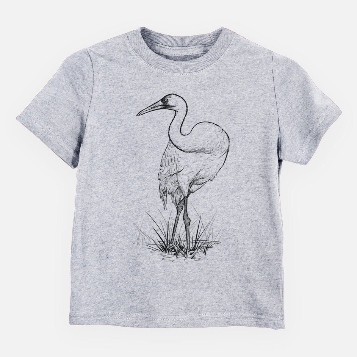 Heather grey toddler t-shirt laid flat, printed with a detailed black ink illustration of a whooping crane standing in grass.