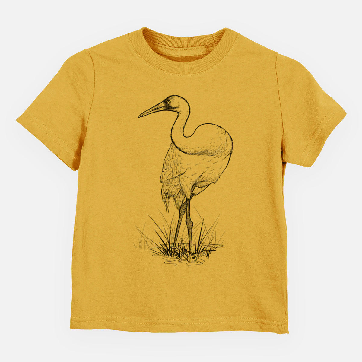 Honeycomb yellow toddler t-shirt laid flat, printed with a detailed black ink illustration of a whooping crane standing in grass.