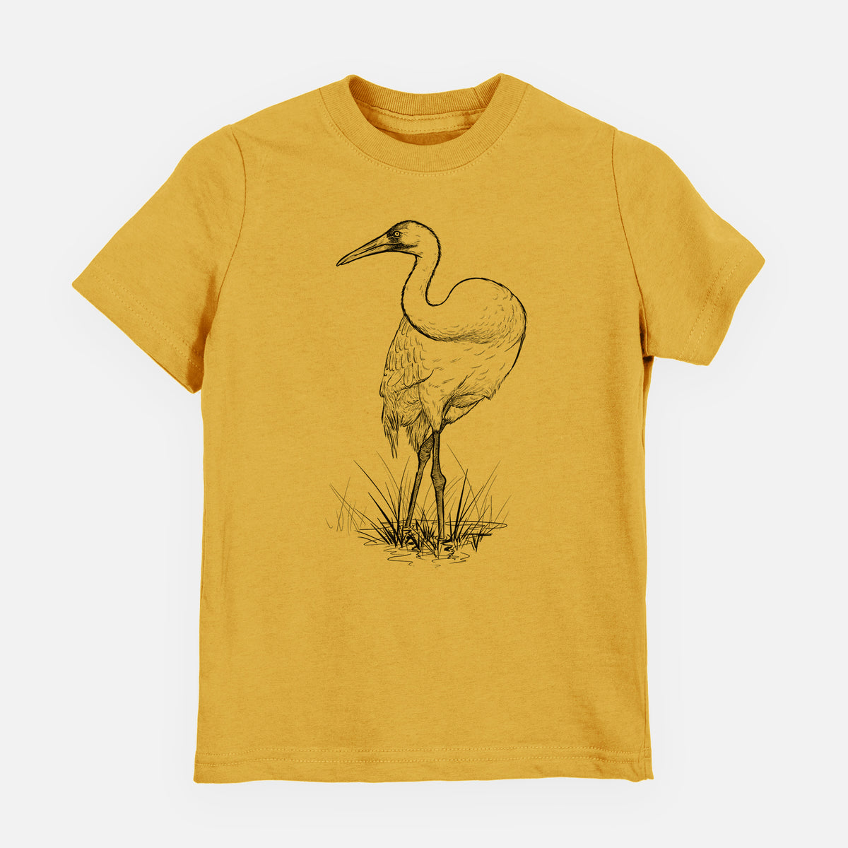 Honeycomb yellow youth t-shirt laid flat, printed with a detailed black ink illustration of a whooping crane standing in grass.