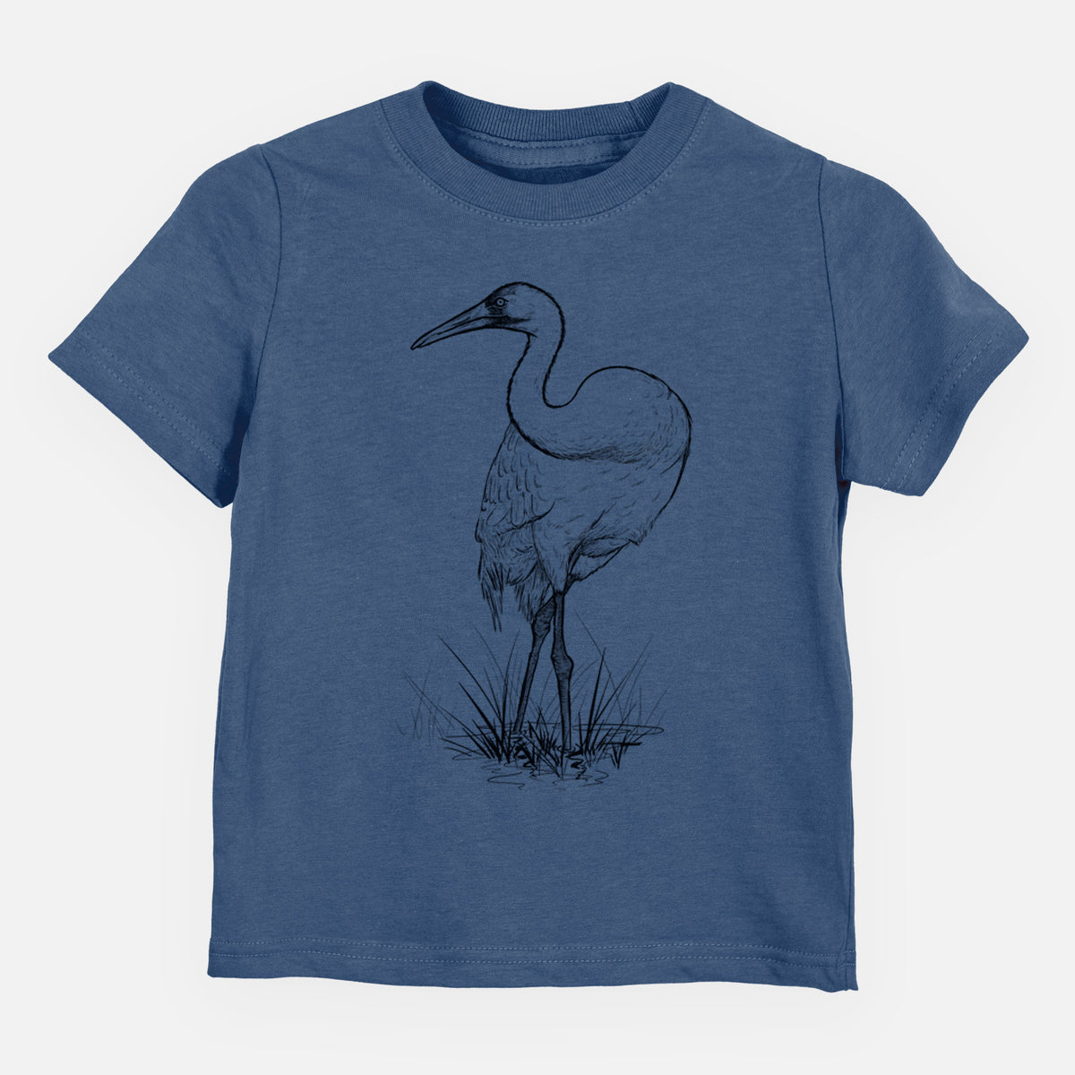 Indigo blue toddler t-shirt laid flat, printed with a detailed black ink illustration of a whooping crane standing in grass.