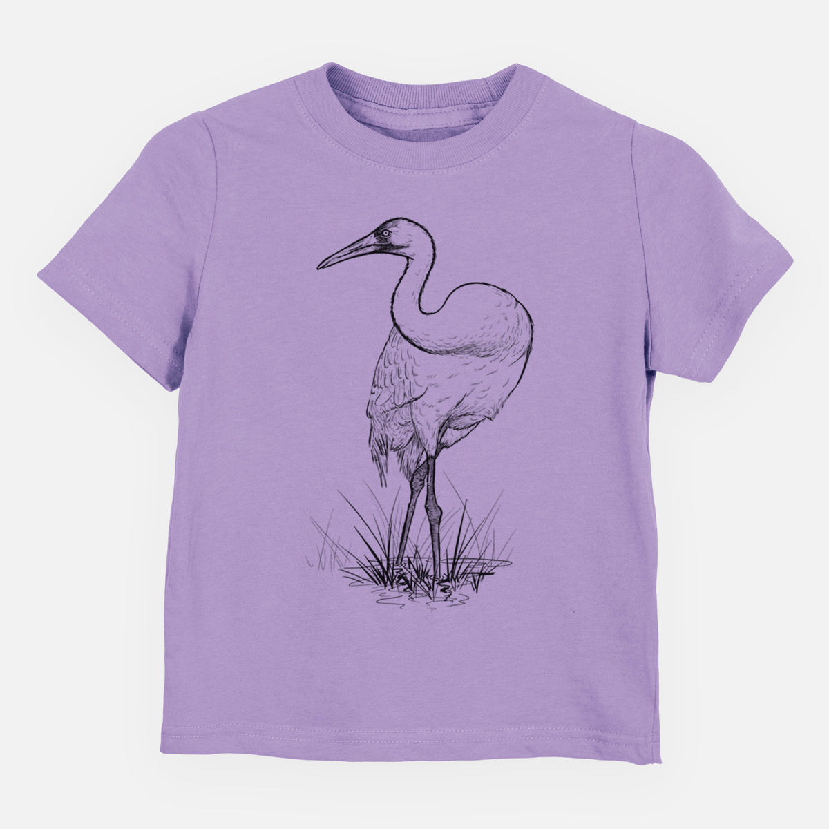 Lavender toddler t-shirt laid flat, printed with a detailed black ink illustration of a whooping crane standing in grass.