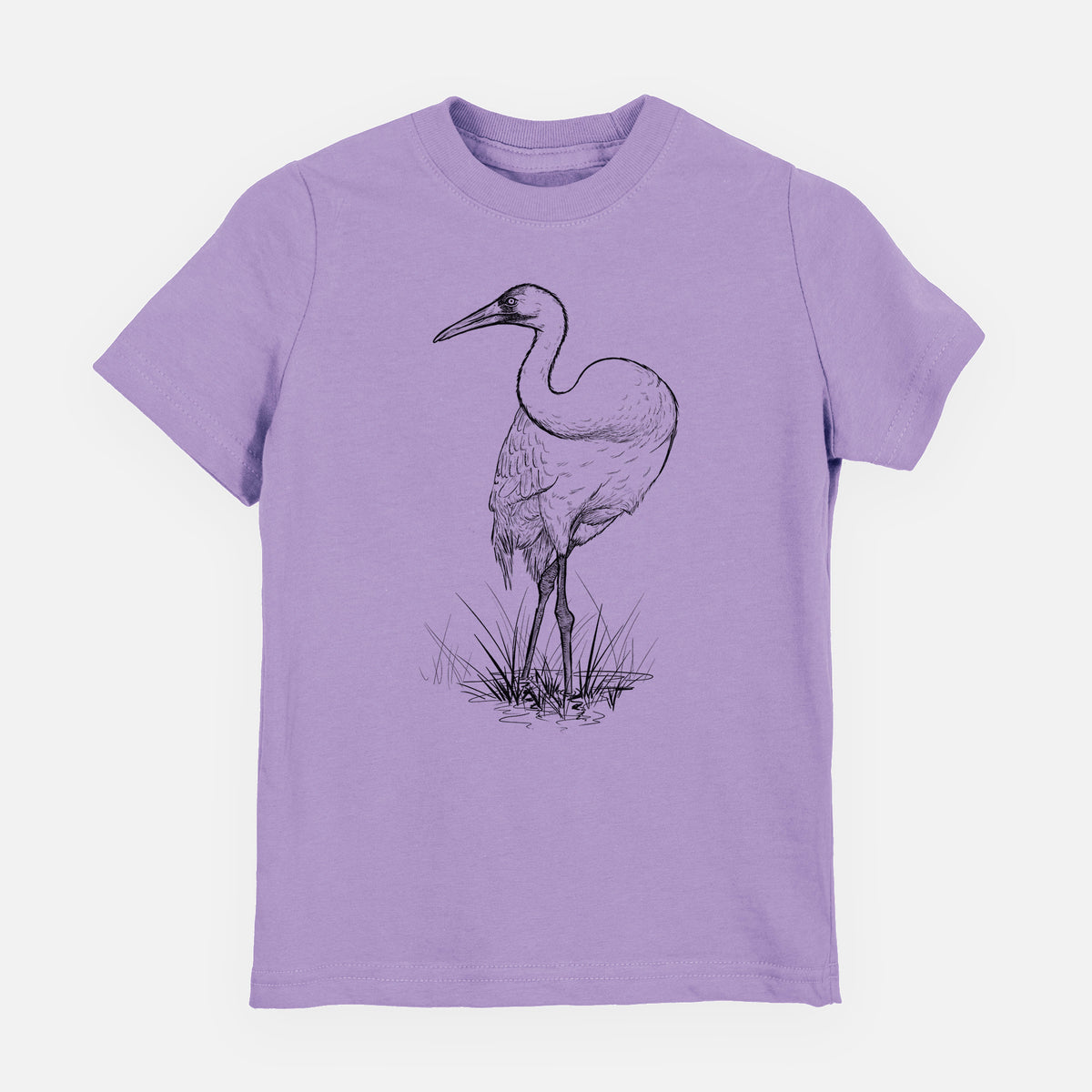 Lavender youth t-shirt laid flat, printed with a detailed black ink illustration of a whooping crane standing in grass.