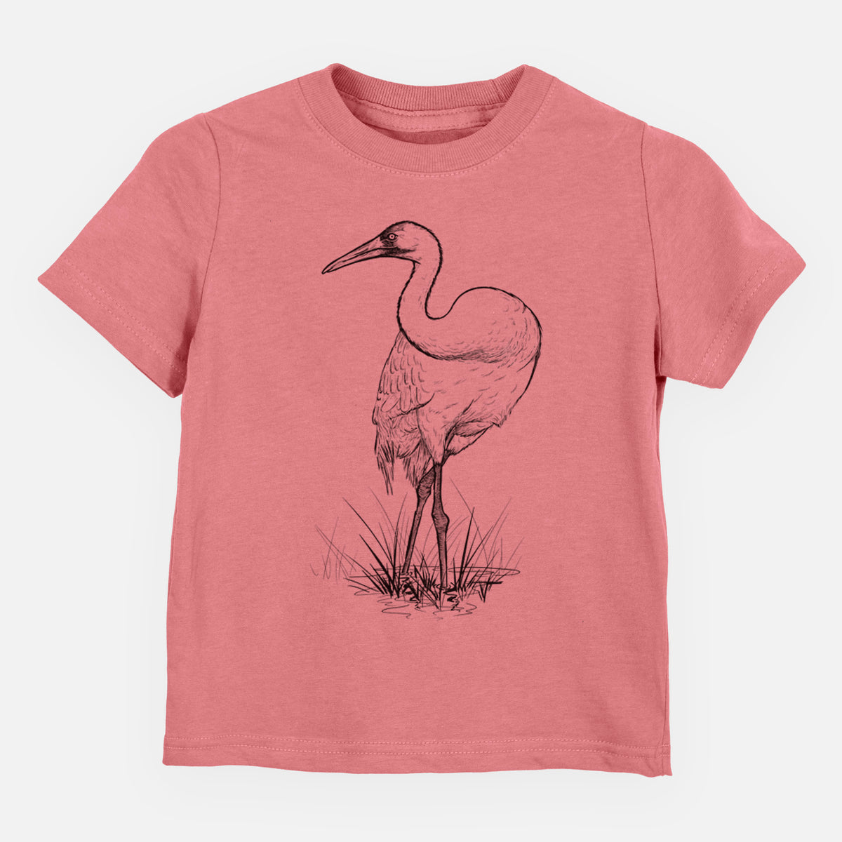 Mauve pink toddler t-shirt laid flat, printed with a detailed black ink illustration of a whooping crane standing in grass.