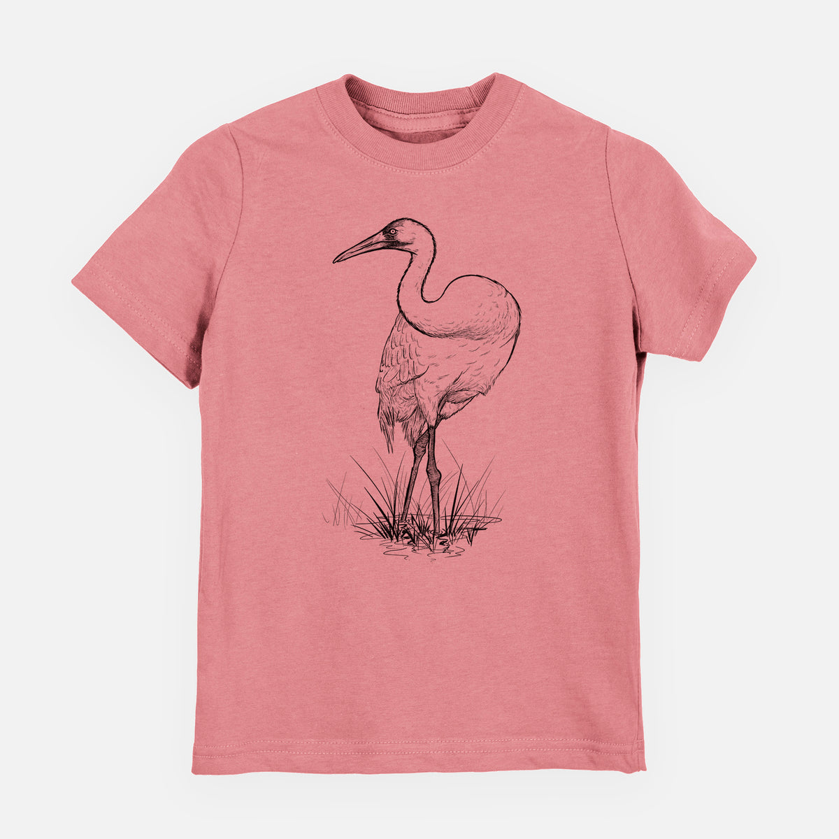 Mauve pink youth t-shirt laid flat, printed with a detailed black ink illustration of a whooping crane standing in grass.