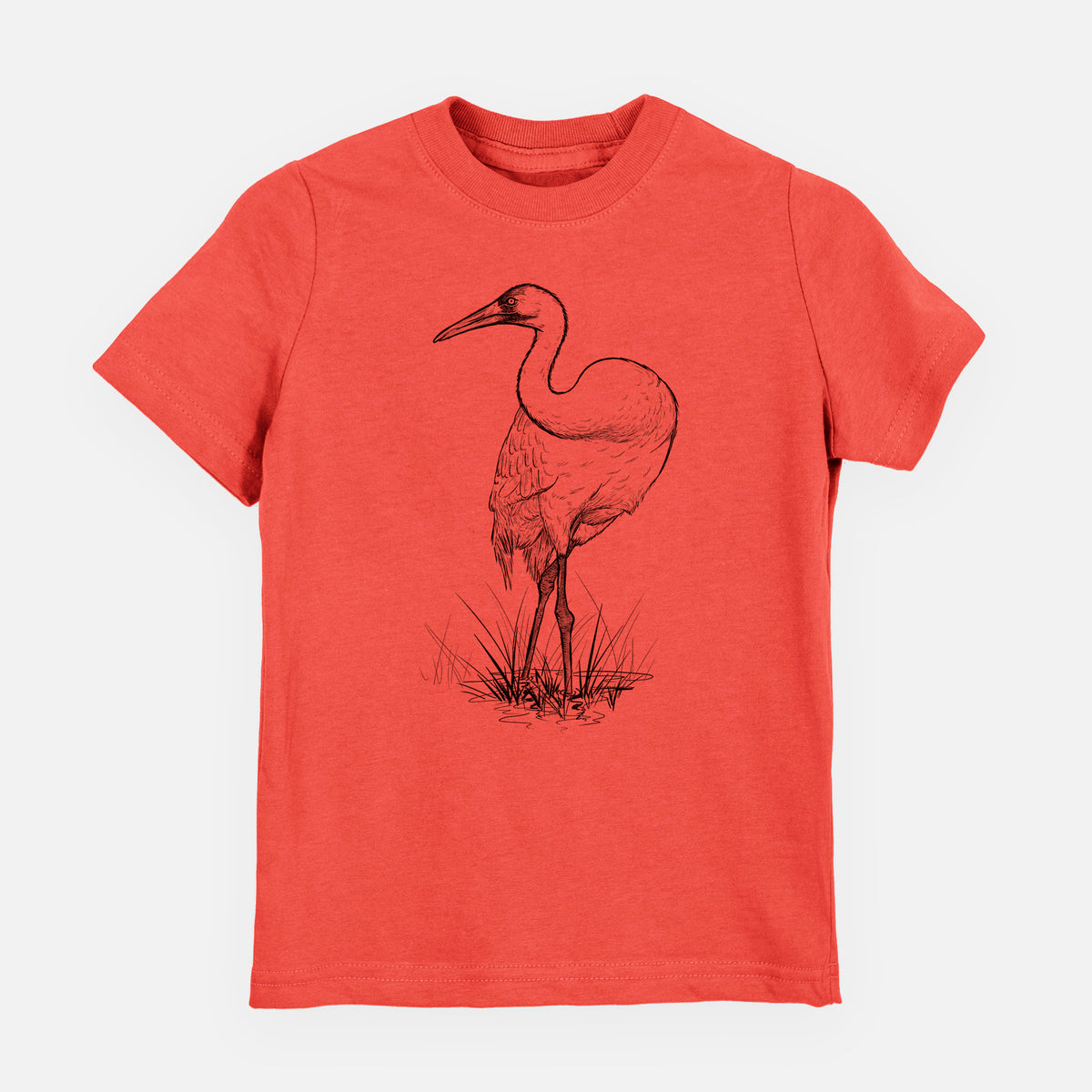 Passionfruit pink youth t-shirt laid flat, printed with a detailed black ink illustration of a whooping crane standing in grass.