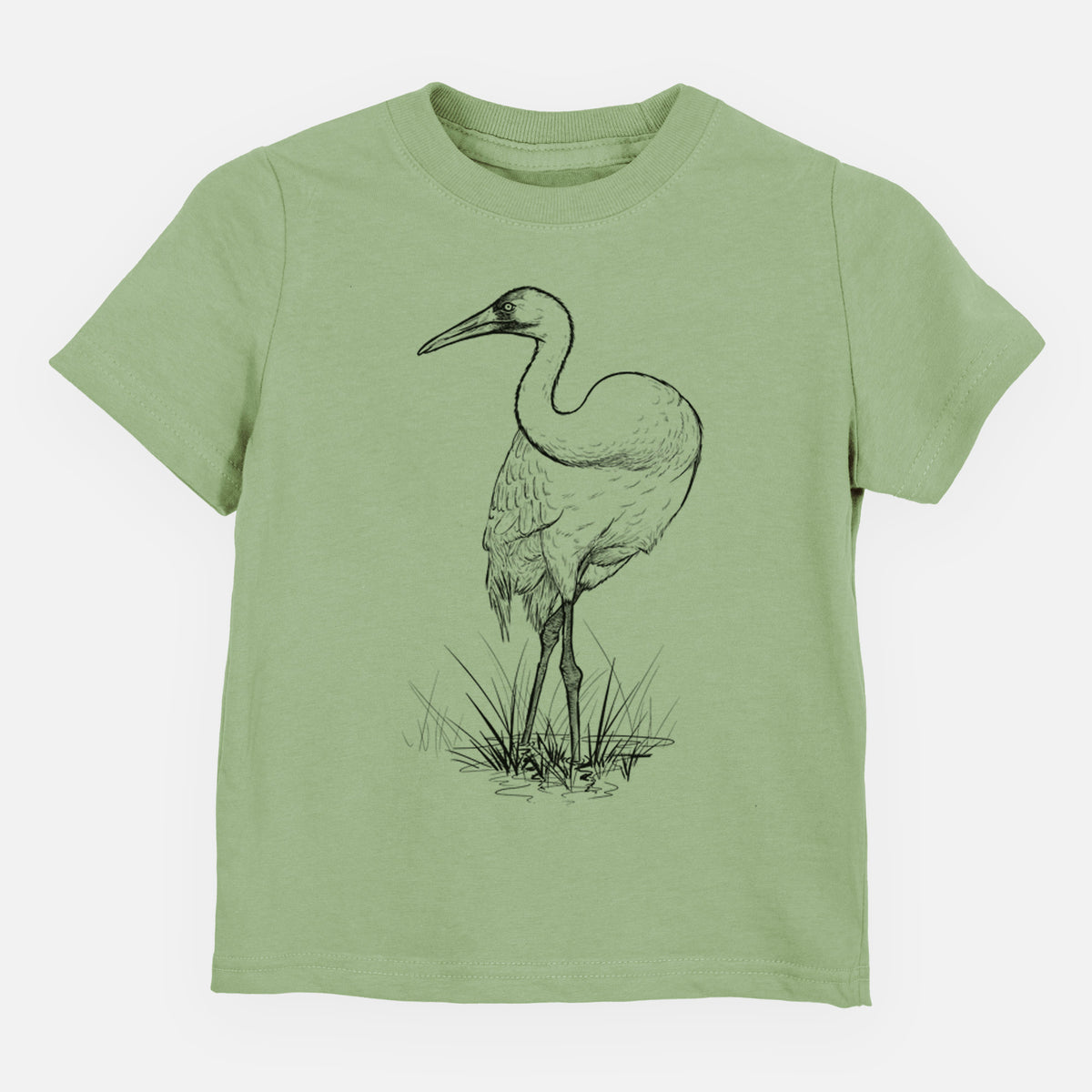Sage green toddler t-shirt laid flat, printed with a detailed black ink illustration of a whooping crane standing in grass.