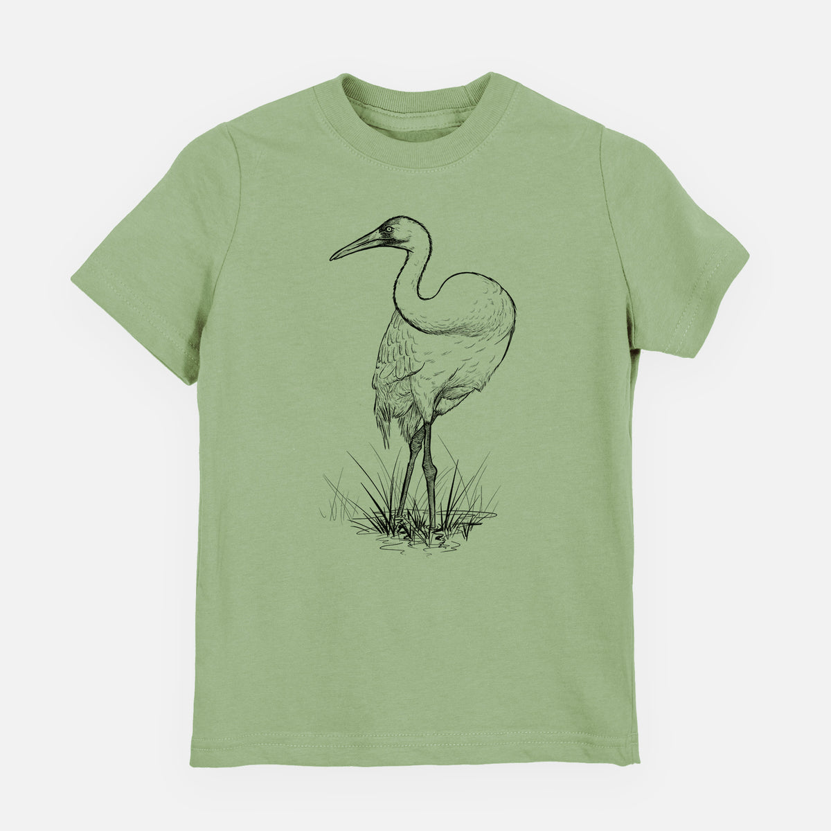 Sage green youth t-shirt laid flat, printed with a detailed black ink illustration of a whooping crane standing in grass.