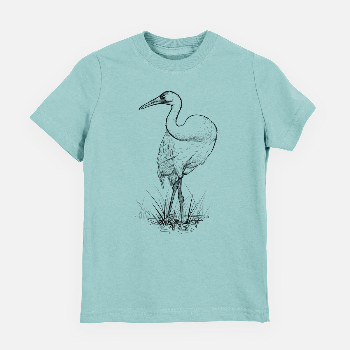 Saltwater youth t-shirt laid flat, printed with a detailed black ink illustration of a whooping crane standing in grass.