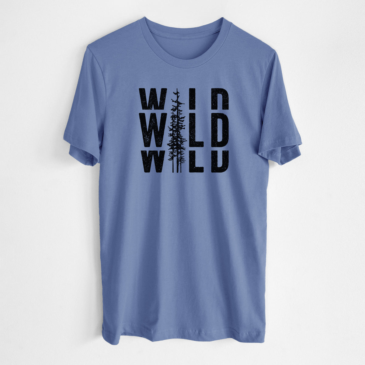 Blue bell lightweight cotton t-shirt laid flat, printed with bold black text reading WILD stacked three times, with a tall pine tree forming the letter I.