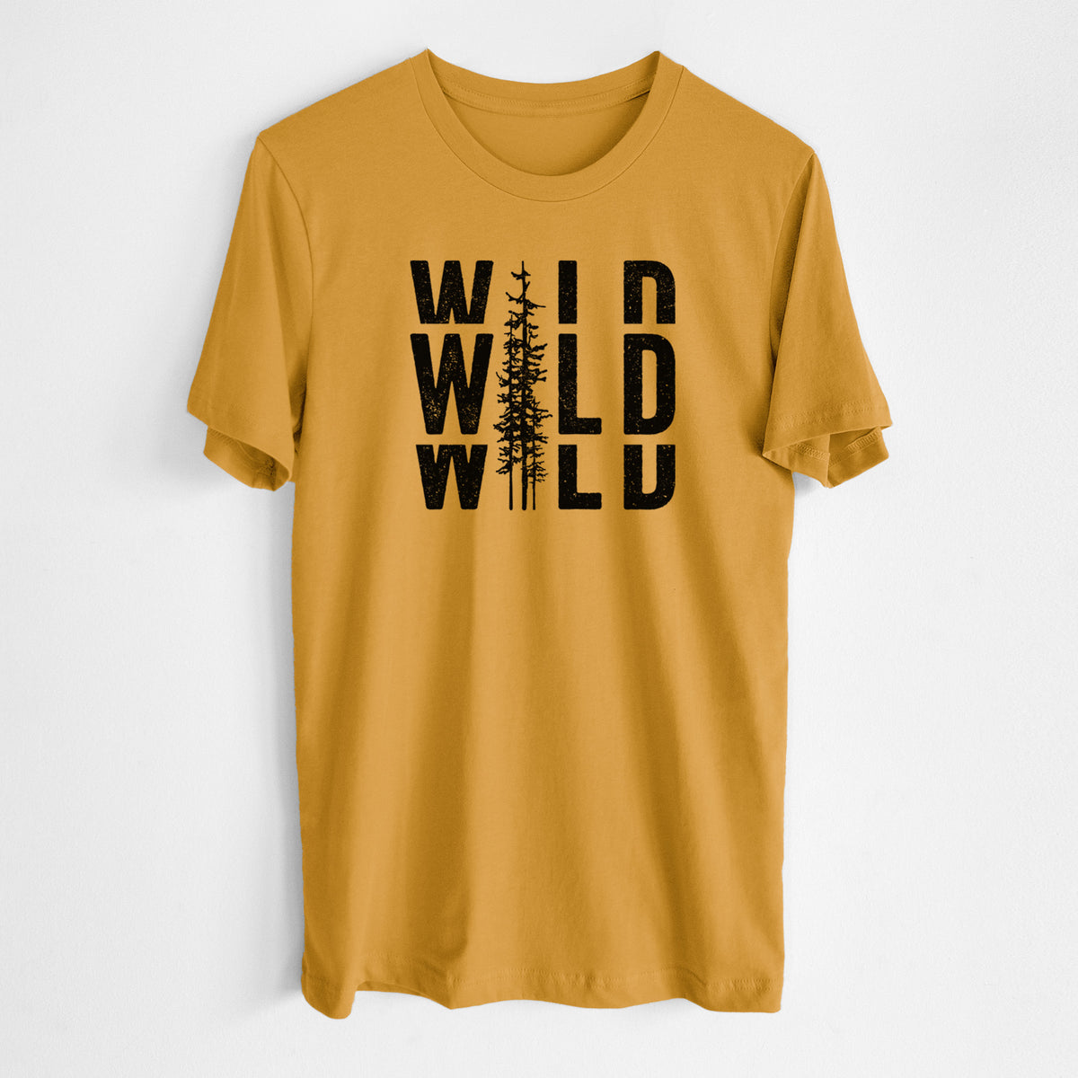 Honeycomb yellow lightweight cotton t-shirt laid flat, printed with bold black text reading WILD stacked three times, with a tall pine tree forming the letter I.