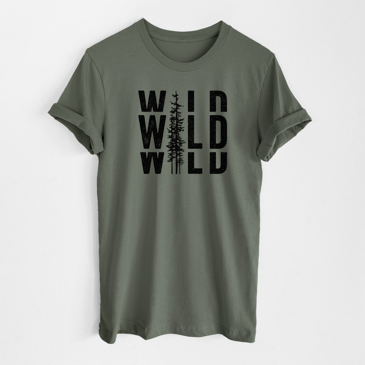 Military green lightweight cotton t-shirt laid flat, printed with bold black text reading WILD stacked three times, with a tall pine tree forming the letter I.