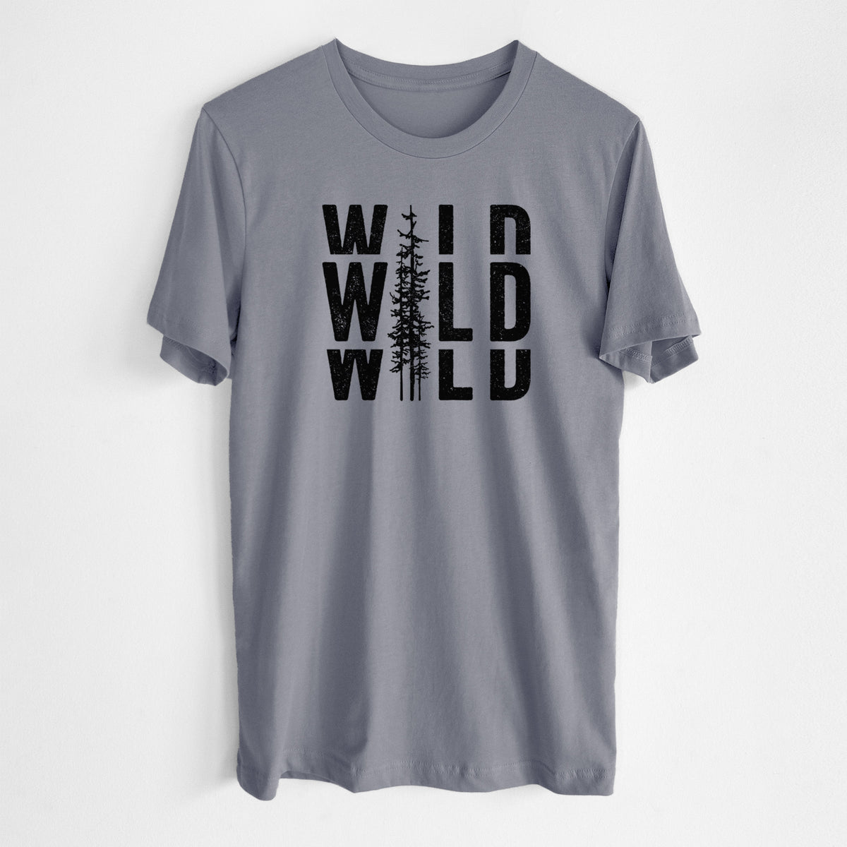 Storm grey lightweight cotton t-shirt laid flat, printed with bold black text reading WILD stacked three times, with a tall pine tree forming the letter I.