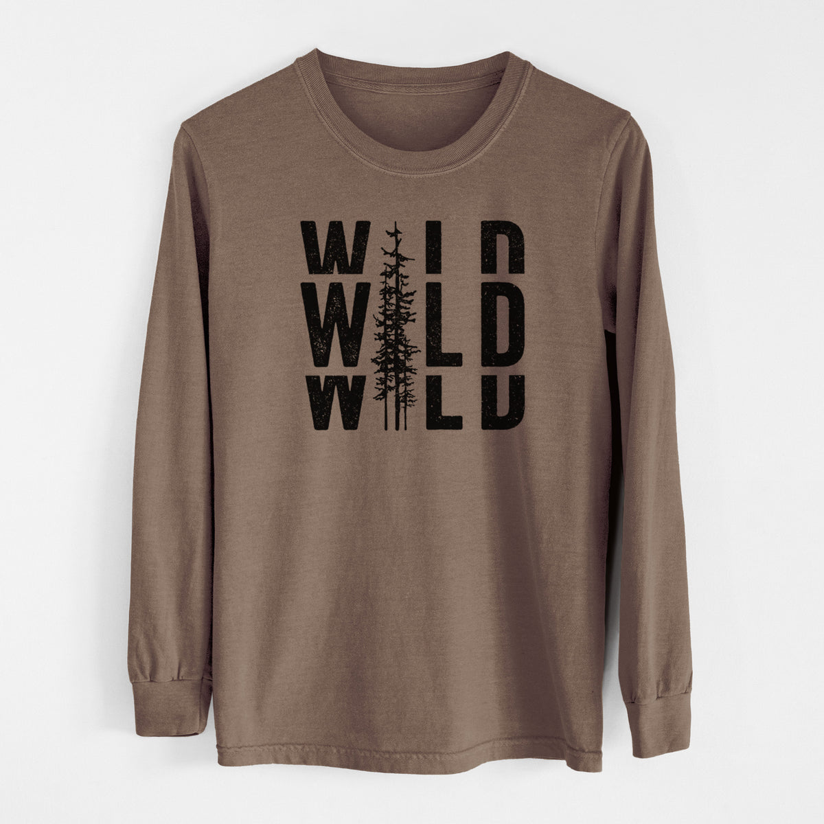 Espresso brown Comfort Colors long sleeve shirt laid flat, printed with bold black text reading WILD stacked three times, with a tall pine tree forming the letter I.