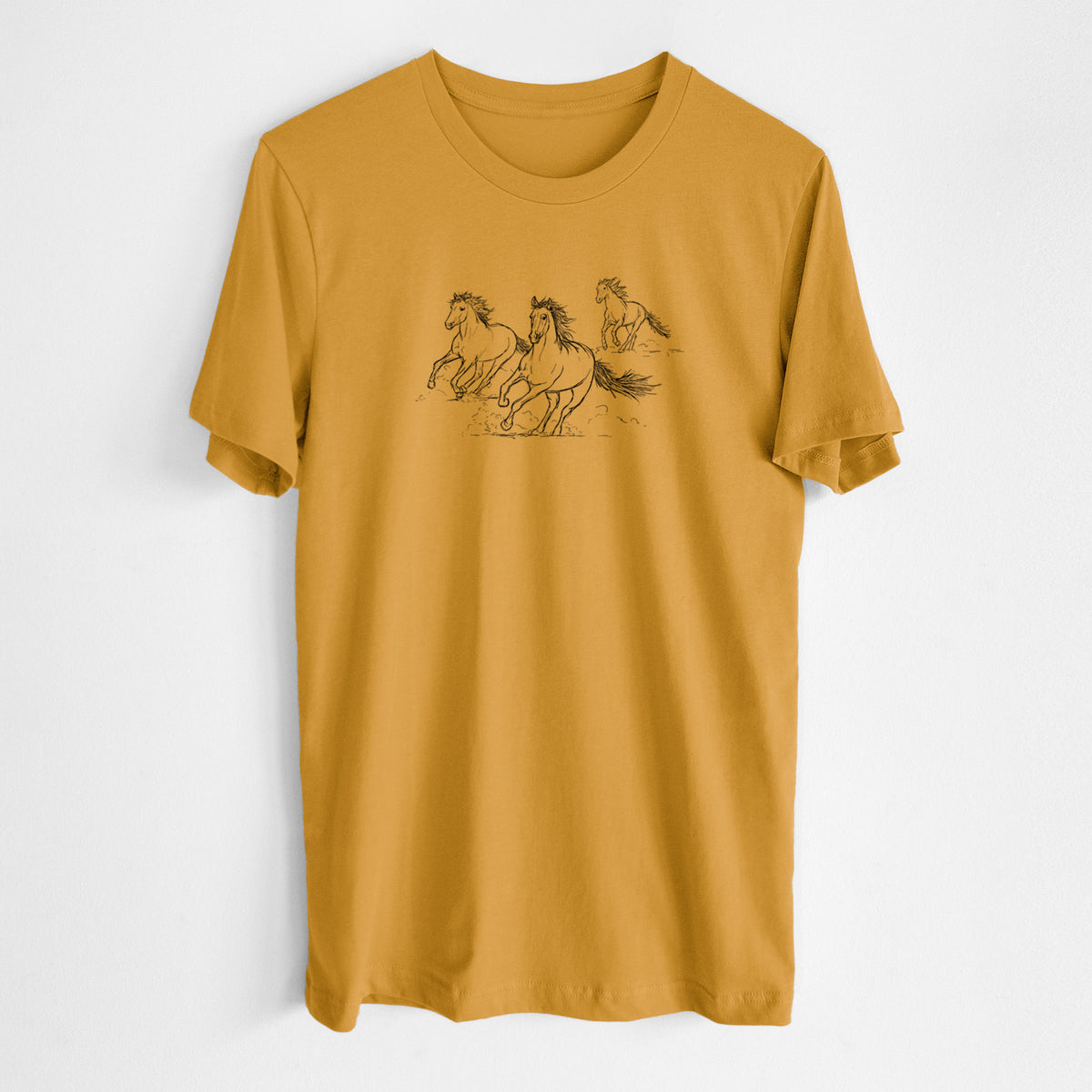 Honeycomb yellow lightweight cotton t-shirt laid flat, printed with a black ink illustration of three wild horses galloping.