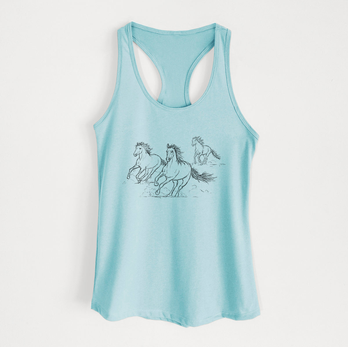 Cancun blue women's racerback tank top laid flat, printed with a black ink illustration of three wild horses galloping.