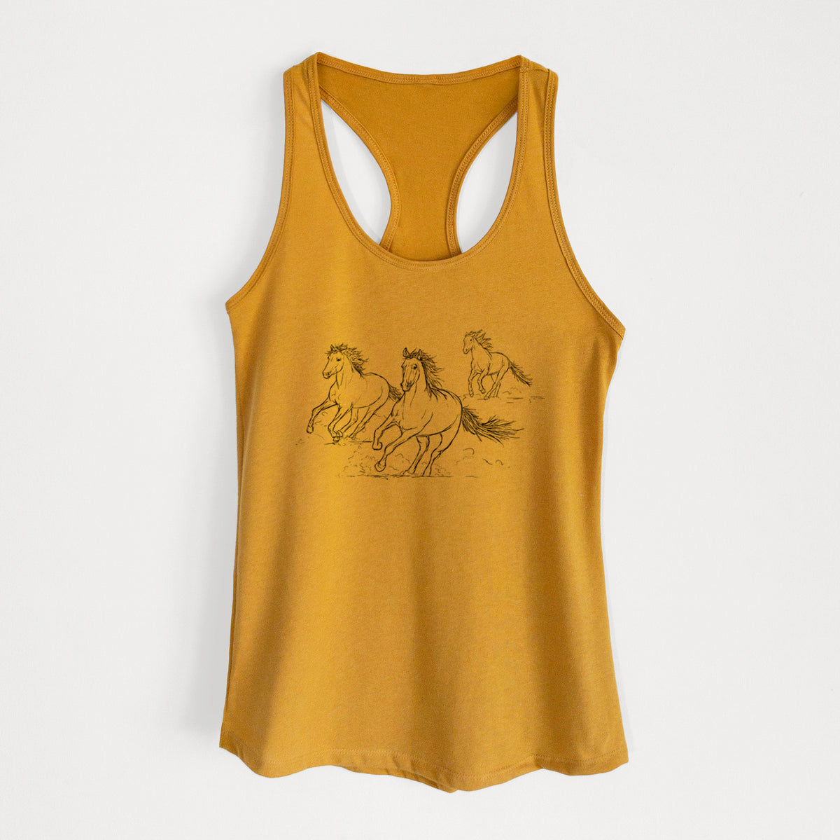 Gold women's racerback tank top laid flat, printed with a black ink illustration of three wild horses galloping.