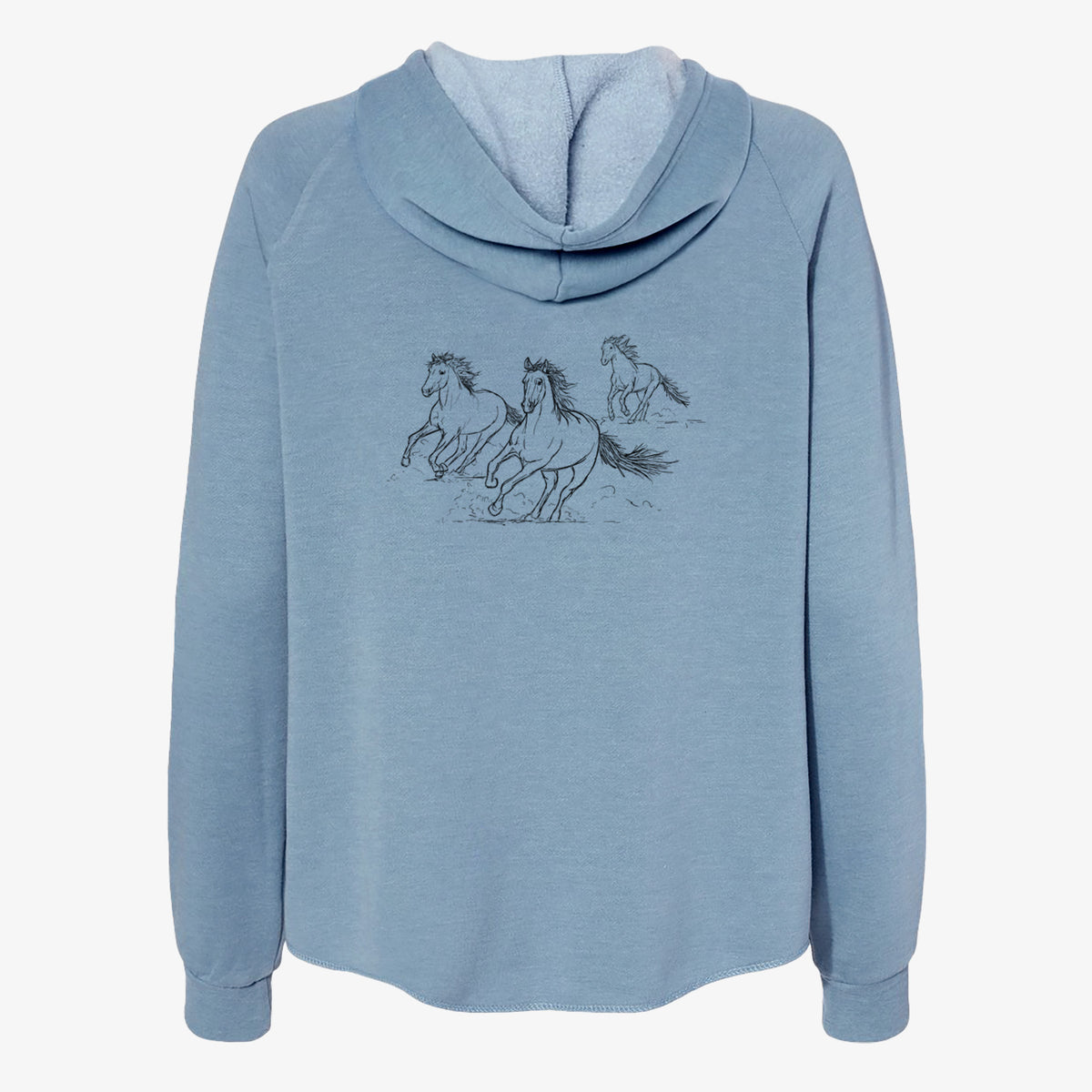 Misty blue women's Cali Wave zip-up sweatshirt laid flat, printed with a black ink illustration of three wild horses galloping.