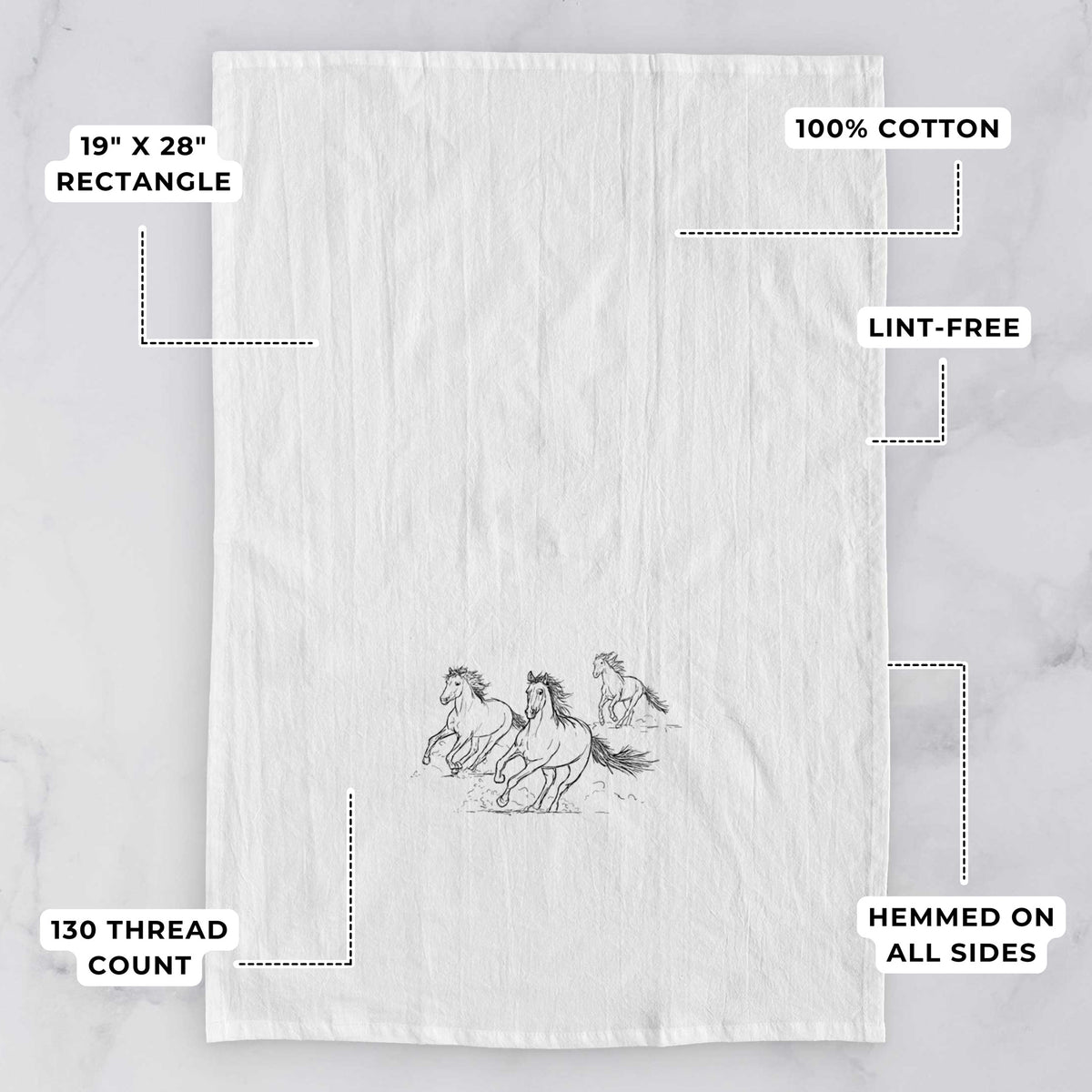 White tea towel printed with a black ink illustration of three wild horses galloping, with feature labels: 19 by 28 inch rectangle, 100% cotton, lint-free, 130 thread count, hemmed on all sides.
