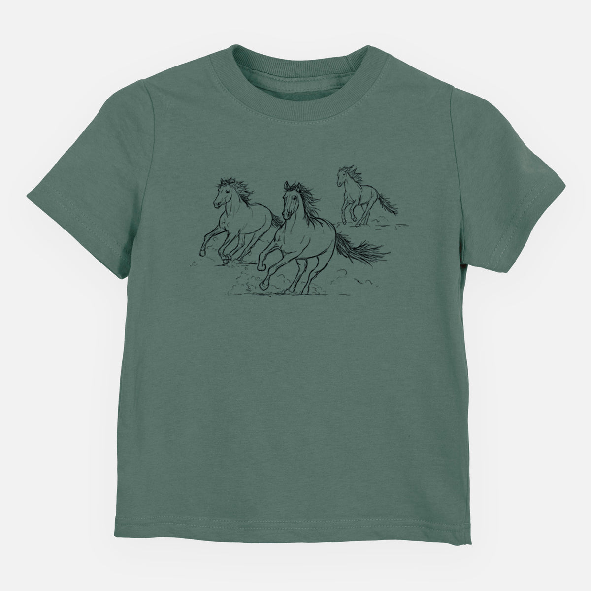 Basil green toddler t-shirt laid flat, printed with a black ink illustration of three wild horses galloping.