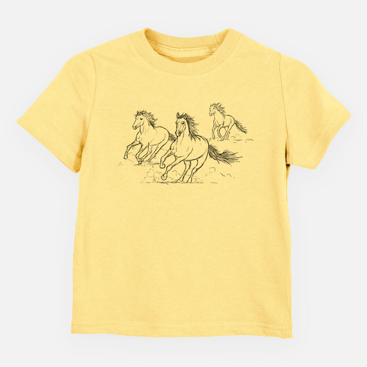 Butter yellow toddler t-shirt laid flat, printed with a black ink illustration of three wild horses galloping.