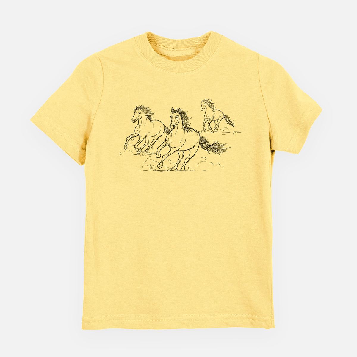 Butter yellow youth t-shirt laid flat, printed with a black ink illustration of three wild horses galloping.