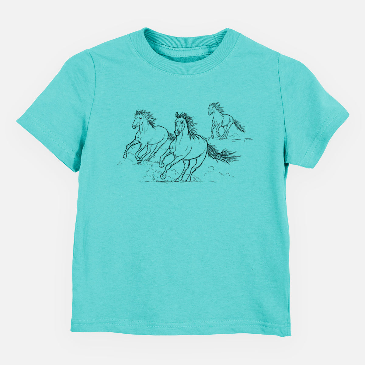 Caribbean blue toddler t-shirt laid flat, printed with a black ink illustration of three wild horses galloping.