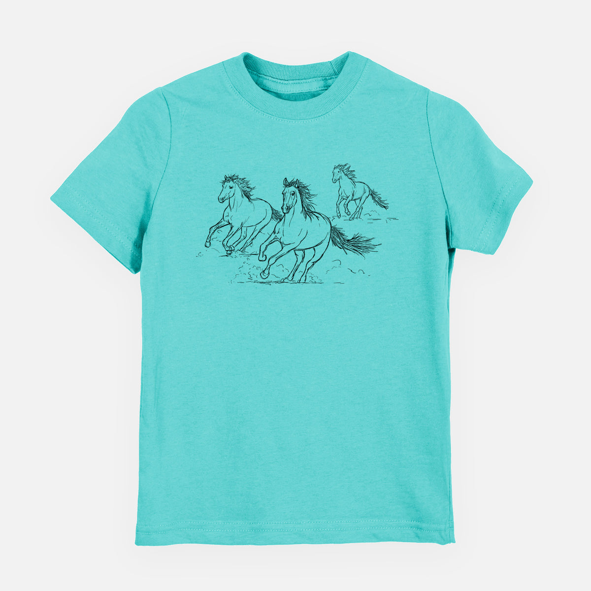 Caribbean blue youth t-shirt laid flat, printed with a black ink illustration of three wild horses galloping.