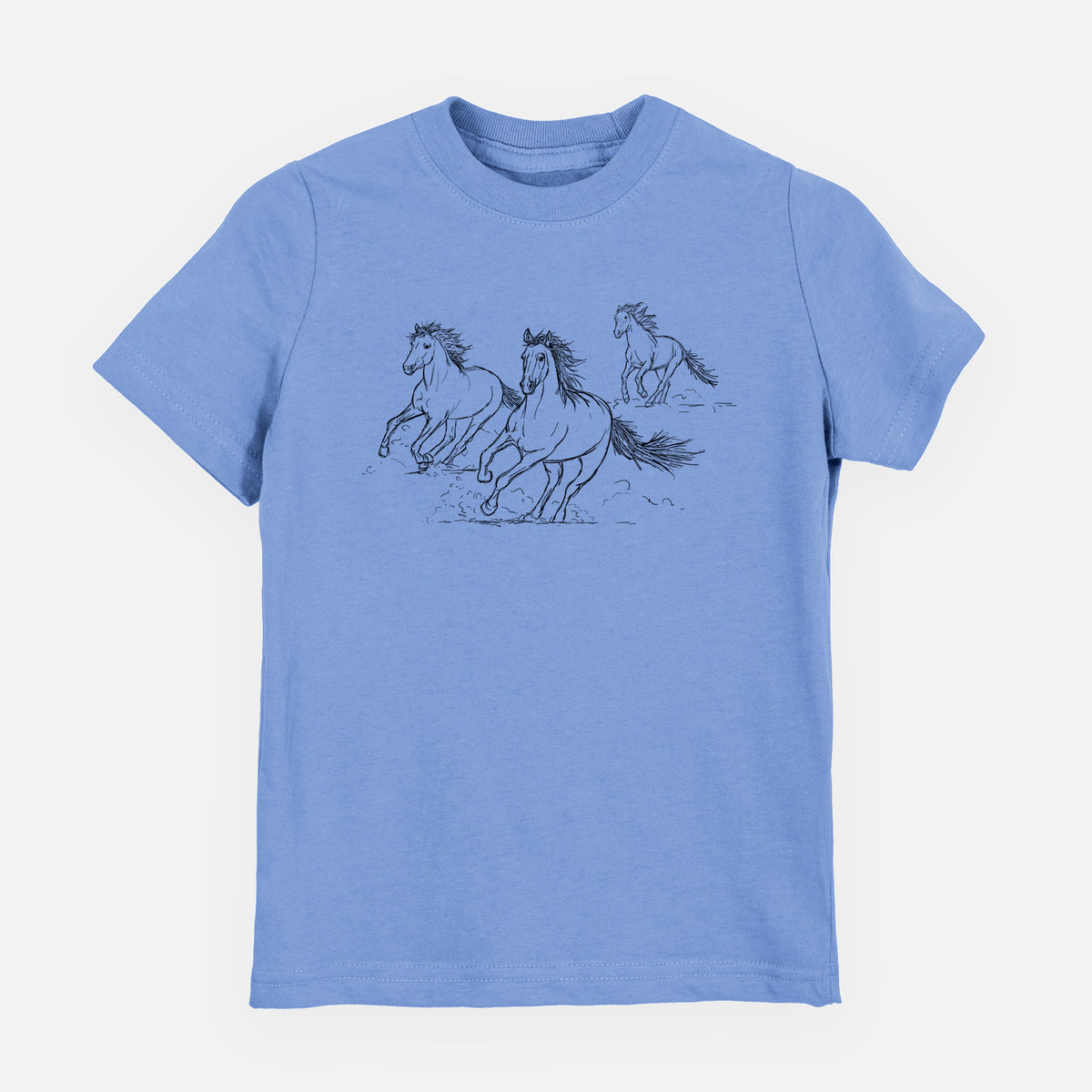 Carolina blue youth t-shirt laid flat, printed with a black ink illustration of three wild horses galloping.