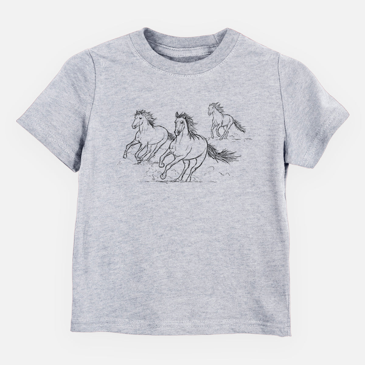 Heather grey toddler t-shirt laid flat, printed with a black ink illustration of three wild horses galloping.