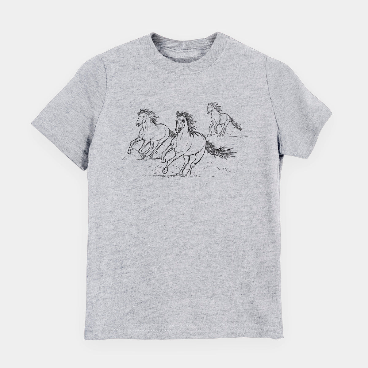 Heather grey youth t-shirt laid flat, printed with a black ink illustration of three wild horses galloping.