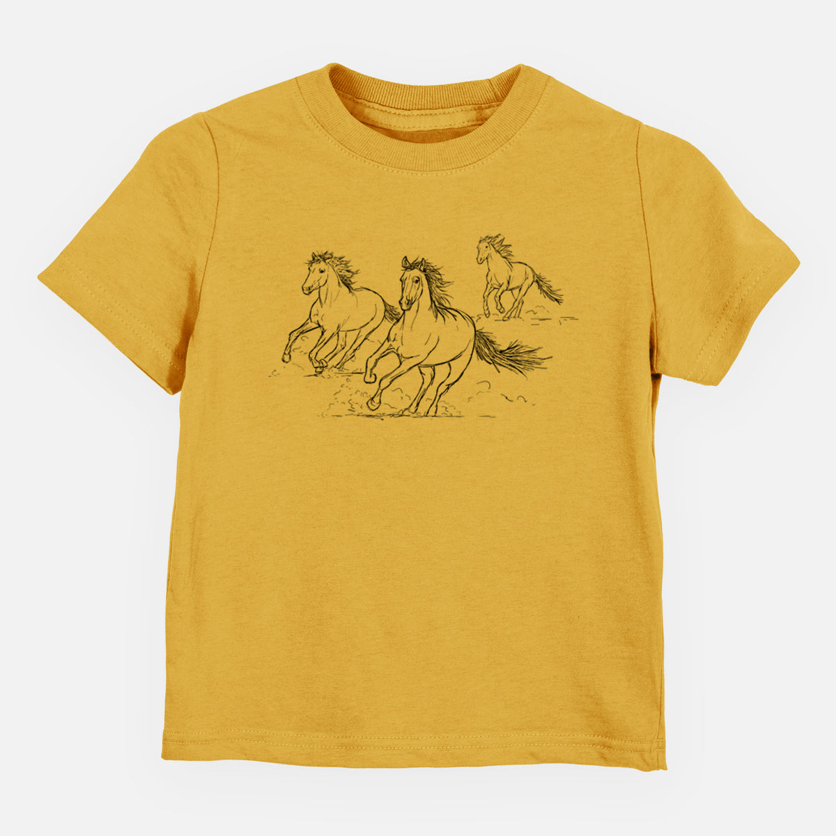 Honeycomb yellow toddler t-shirt laid flat, printed with a black ink illustration of three wild horses galloping.