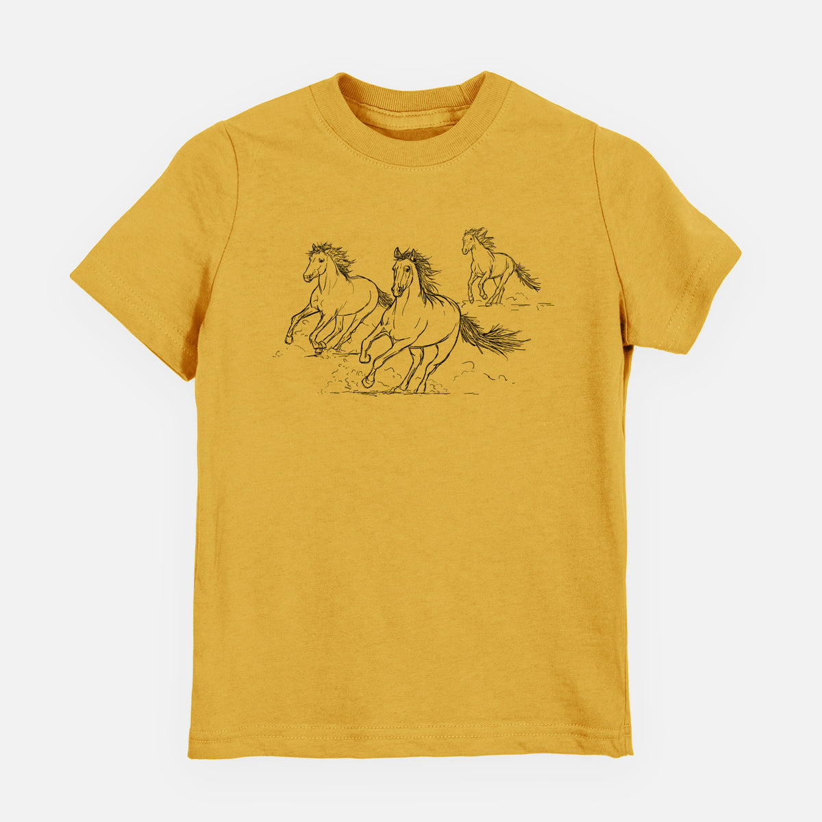 Honeycomb yellow youth t-shirt laid flat, printed with a black ink illustration of three wild horses galloping.