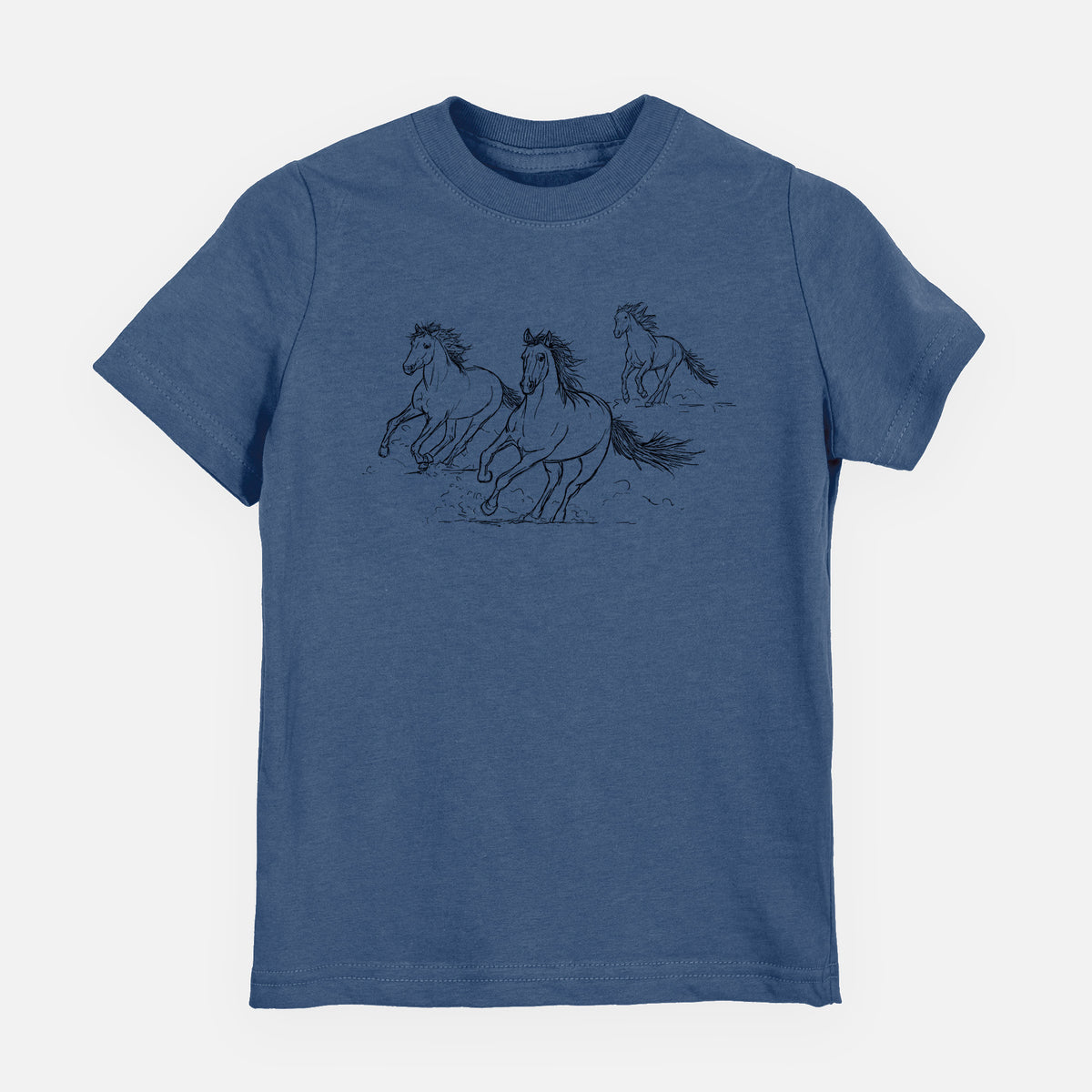 Indigo blue youth t-shirt laid flat, printed with a black ink illustration of three wild horses galloping.