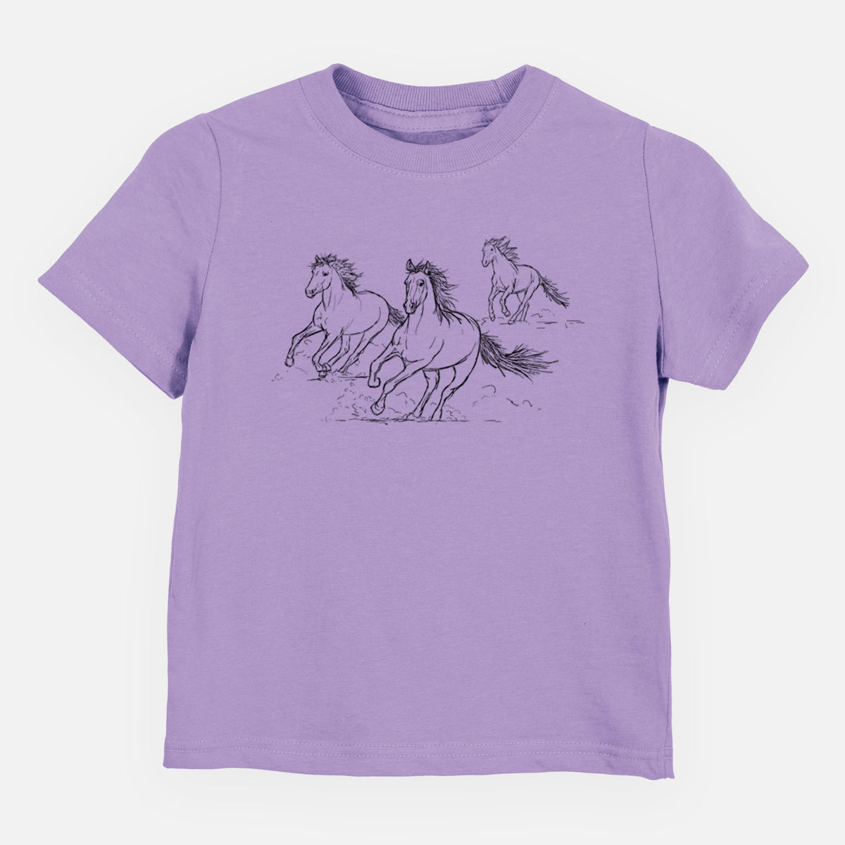 Lavender toddler t-shirt laid flat, printed with a black ink illustration of three wild horses galloping.