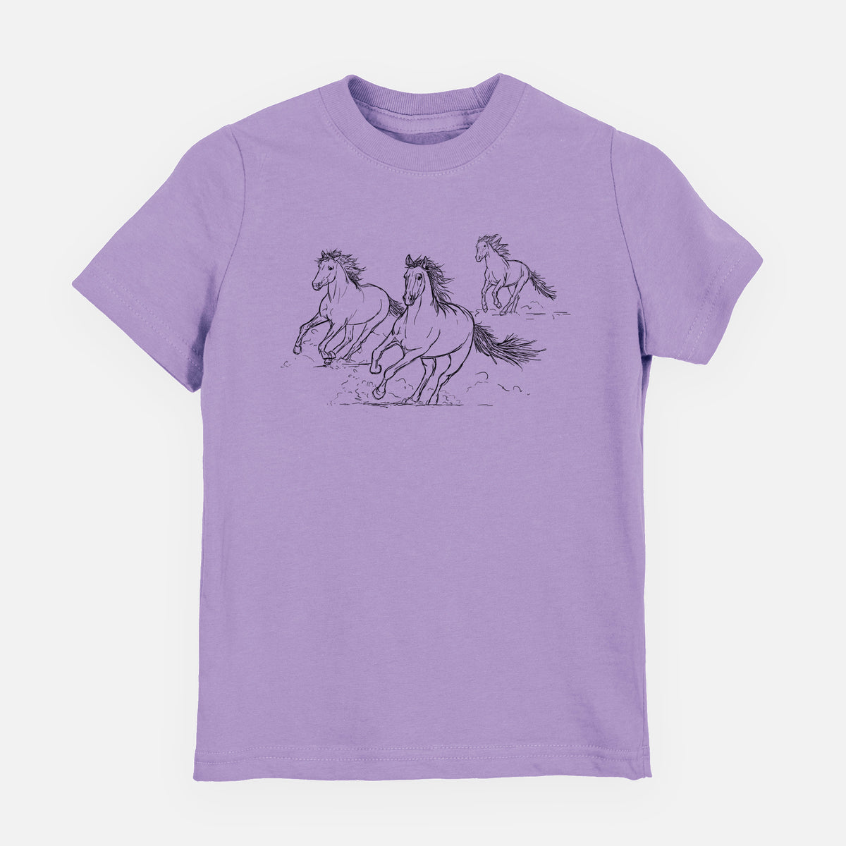 Lavender youth t-shirt laid flat, printed with a black ink illustration of three wild horses galloping.