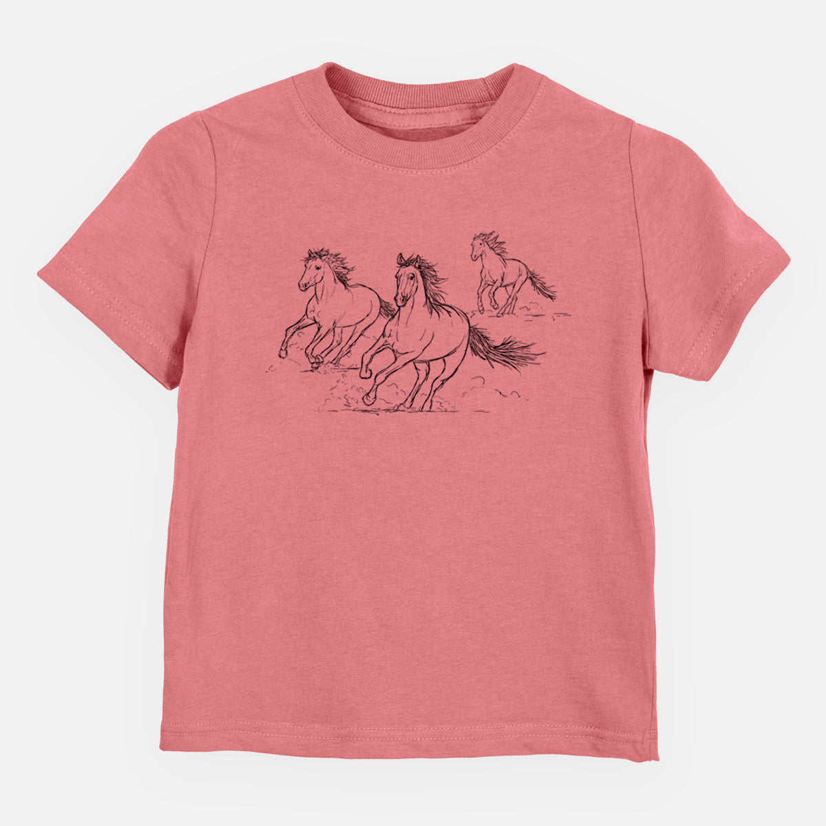 Mauve pink toddler t-shirt laid flat, printed with a black ink illustration of three wild horses galloping.