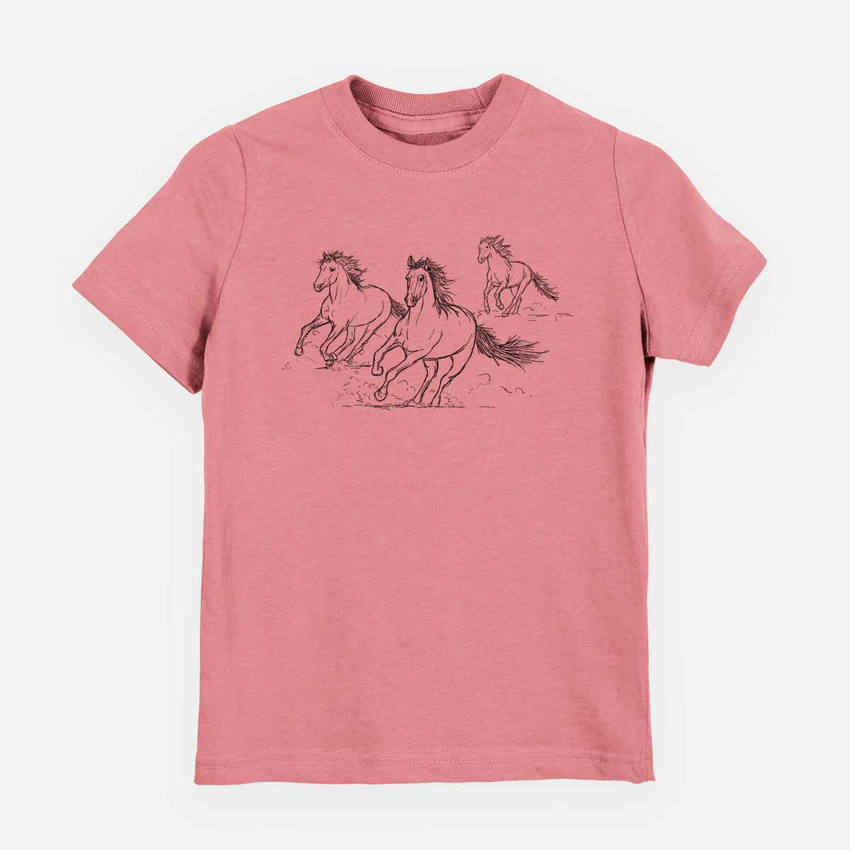 Mauve pink youth t-shirt laid flat, printed with a black ink illustration of three wild horses galloping.