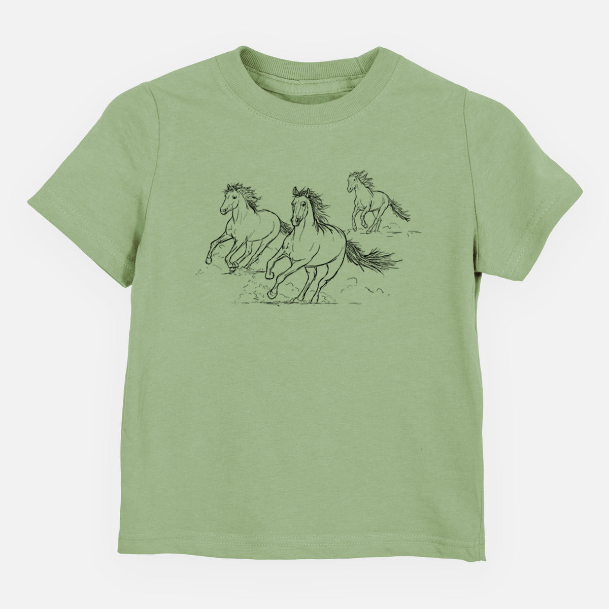Sage green toddler t-shirt laid flat, printed with a black ink illustration of three wild horses galloping.