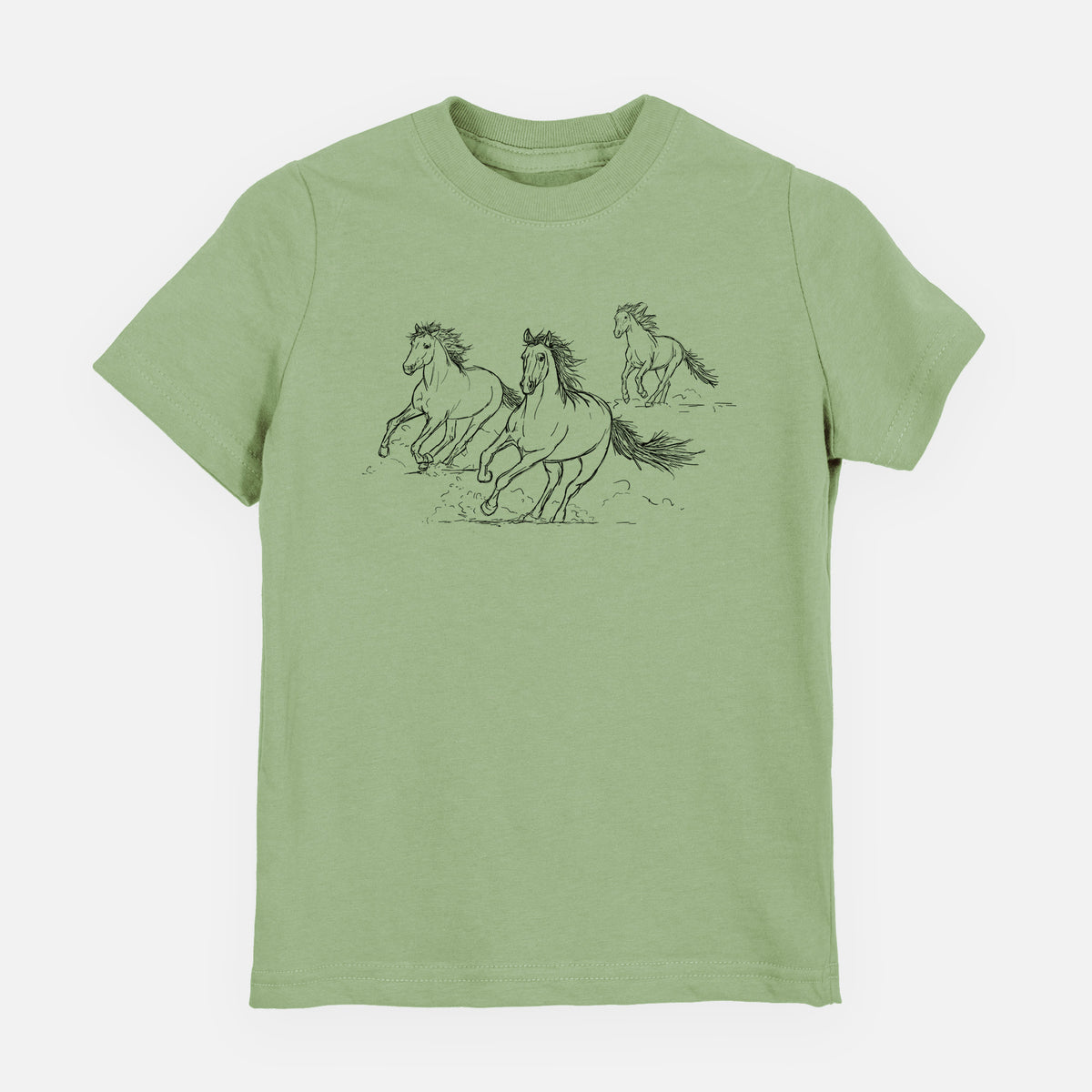 Sage green youth t-shirt laid flat, printed with a black ink illustration of three wild horses galloping.