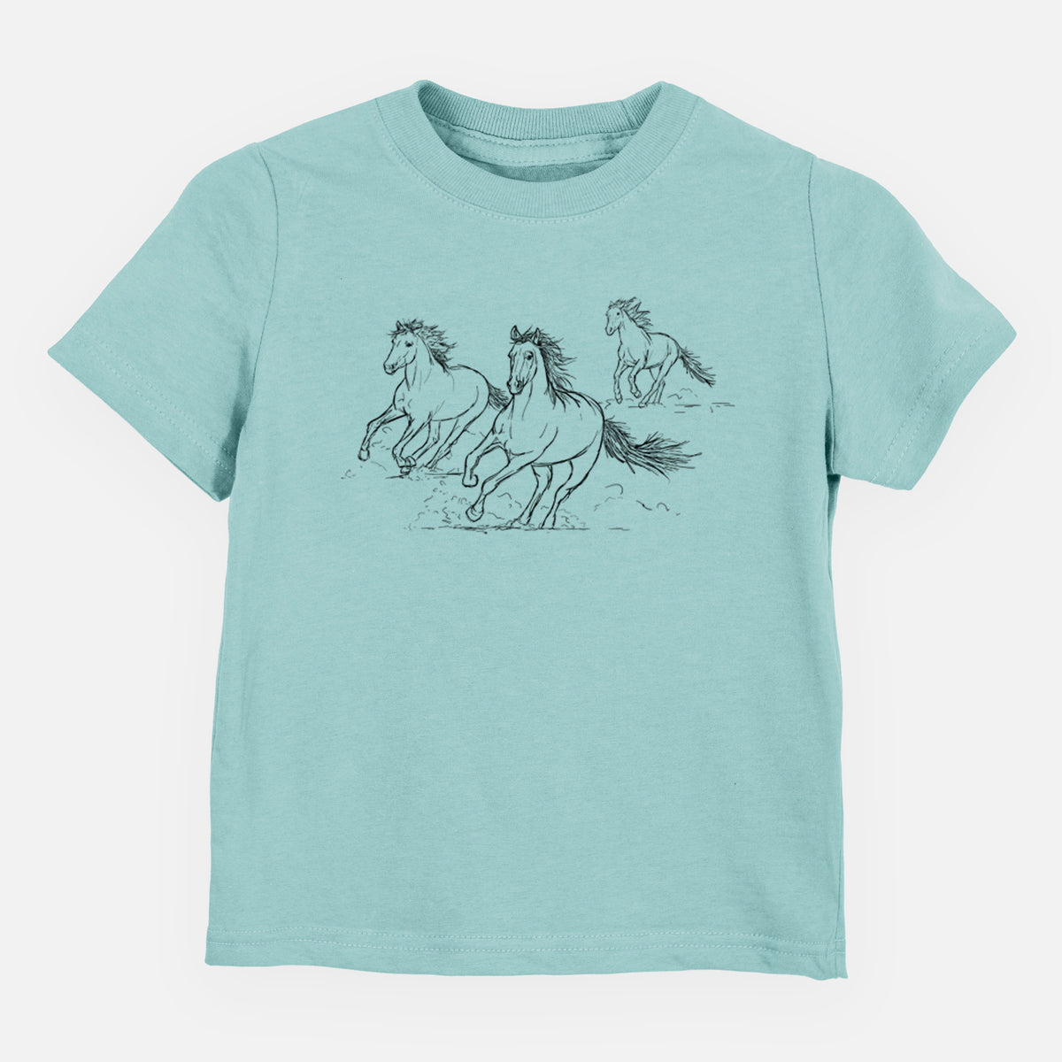 Saltwater toddler t-shirt laid flat, printed with a black ink illustration of three wild horses galloping.